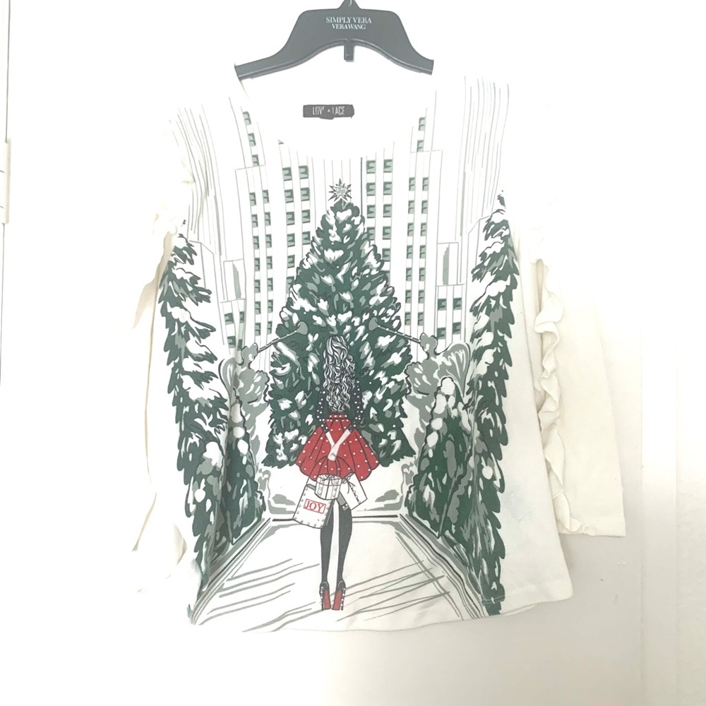 Vintage Love + Lore Christmas in Paris Pullover Top Black White Green